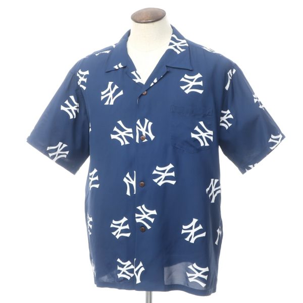 SUN SURF（サンサーフ）半袖アロハシャツ/BEAMS別注/ヤンキースロゴ/春夏/ネイビー×ホワイト/状態ランクB/日本製/